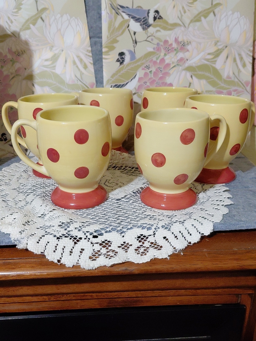 Set of 6 Yellow Ceramic Footed Mugs with Red Polka Dots